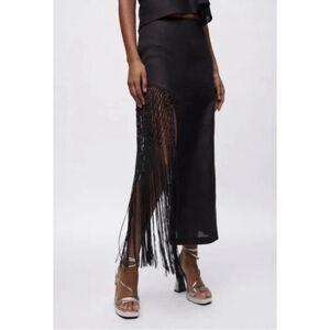 ZARA Linen Festival Black Fringe Midi Skirt
